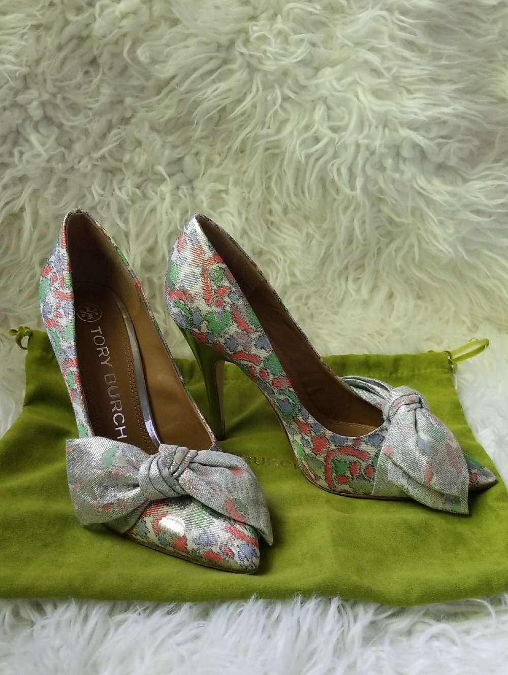 Tory Burch Metallic Floral Bow Pointed-Toe Heels in Silver, Pink & Green